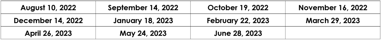 August 10, 2022	September 14, 2022	October 19, 2022 December 14, 2022	January 18, 2023	February 22, 2023 April 26, 2023	May 2